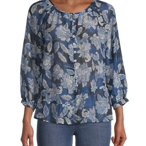 Womens XL Johnny Was Jade 'Nerissa' Blue Cotton Silk Floral Button Up Blouse Top - Picture 1 of 7